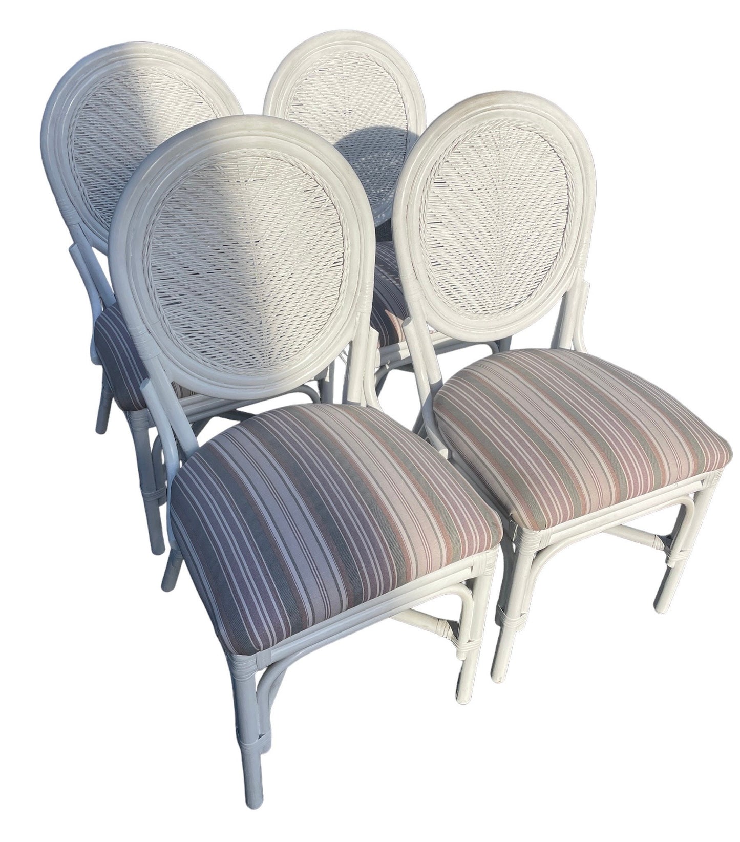 Vintage Ficks Reed Style Rattan Patio Wicker Dining Set White Palm Beach Estate Glass Table and 4 Chairs