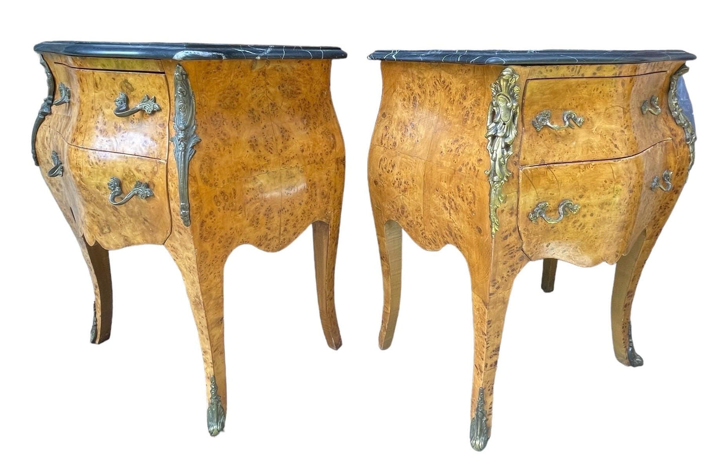 Pair Antique French Bombe Commode Chests Burlwood Black Marble-Top Brass Ormulu Louis XV Style Gilt Bronze Mounted Marquetry