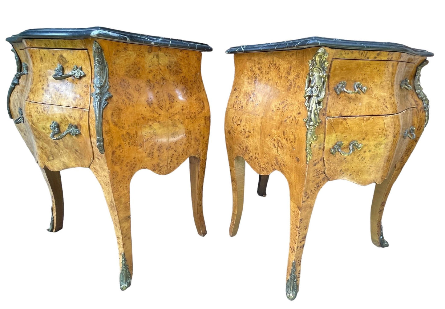 Pair Antique French Bombe Commode Chests Burlwood Black Marble-Top Brass Ormulu Louis XV Style Gilt Bronze Mounted Marquetry