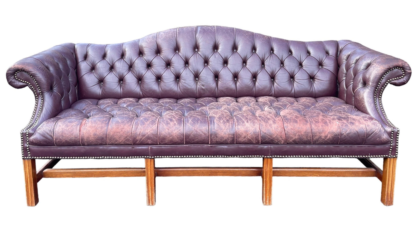 English Style Brown Leather Chesterfield Camelback Sofa with Brass Nailheads Distressed Vintage Leather Couch Sofa