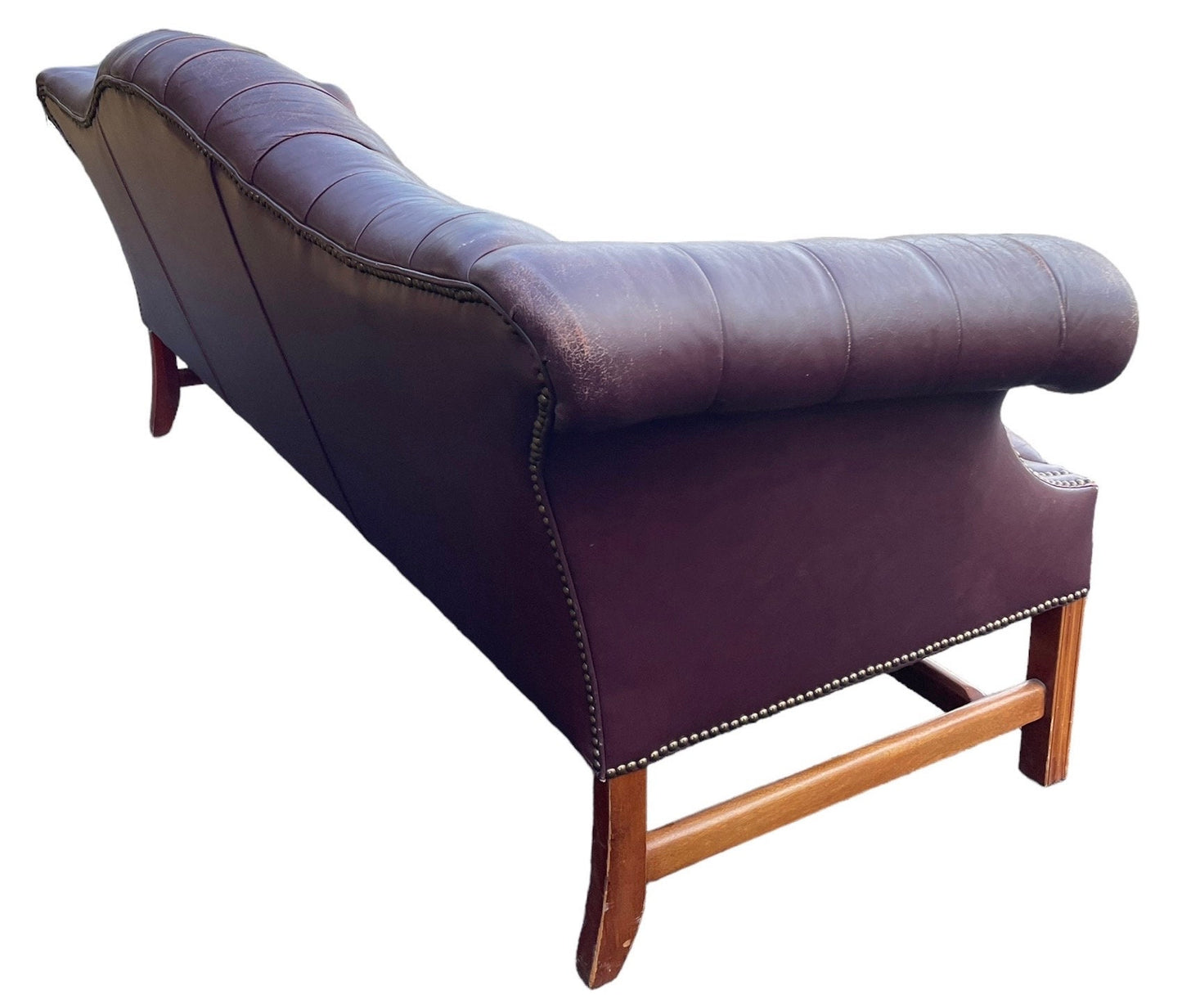 English Style Brown Leather Chesterfield Camelback Sofa with Brass Nailheads Distressed Vintage Leather Couch Sofa
