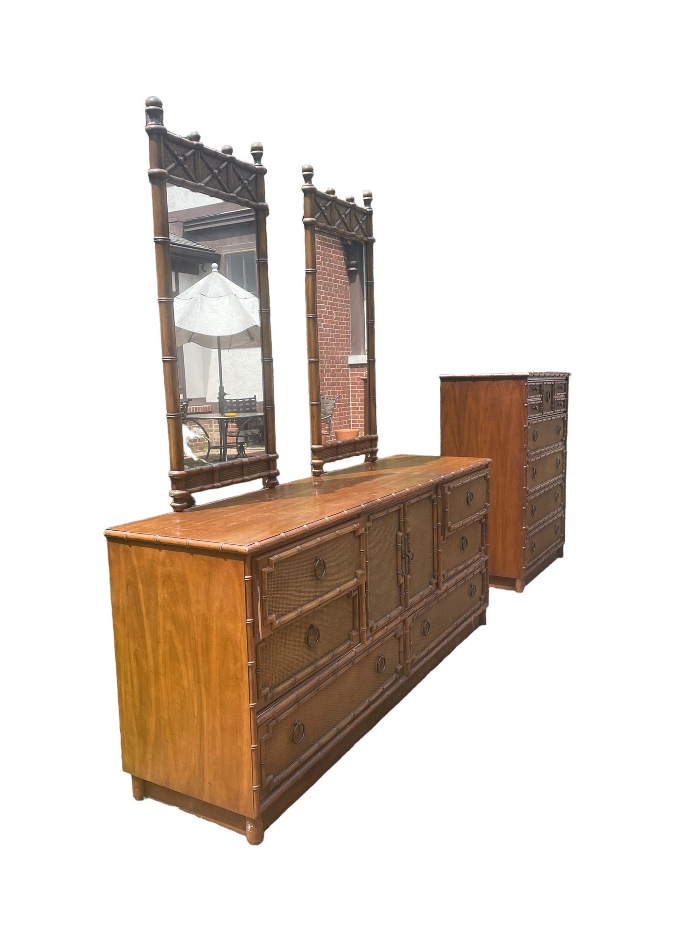 Faux Bamboo and Rattan Dresser by Drexel Bedroom Furniture Highboy Vintage Hollywood Regency Coastal Glamour