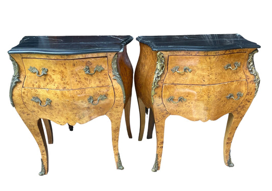Pair Antique French Bombe Commode Chests Burlwood Black Marble-Top Brass Ormulu Louis XV Style Gilt Bronze Mounted Marquetry