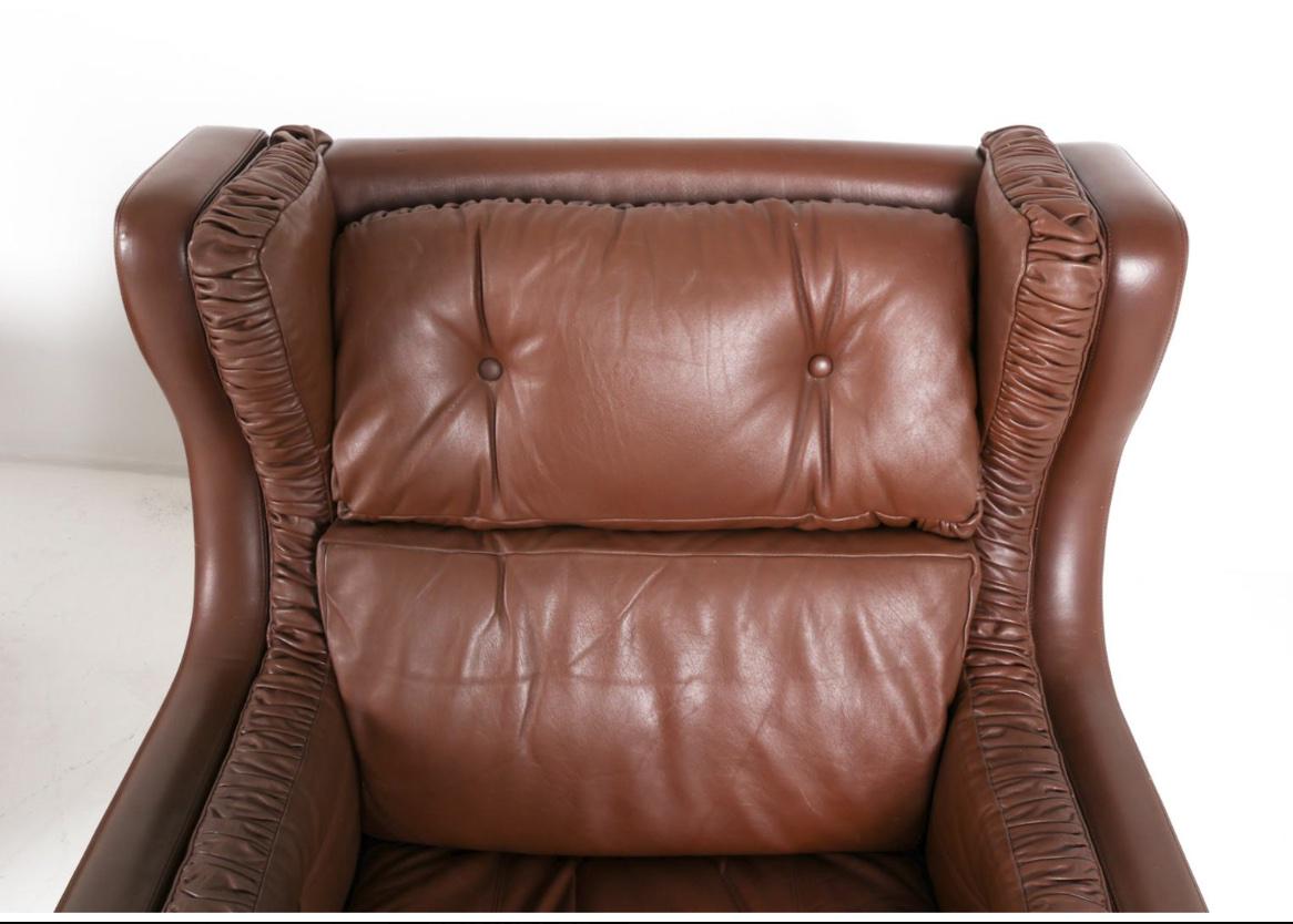 Pair Leather Armchairs Brown Leather Winged Back Arm Chairs in the Style of Børge Mogensen Danish Armchairs Brown Leather Pair